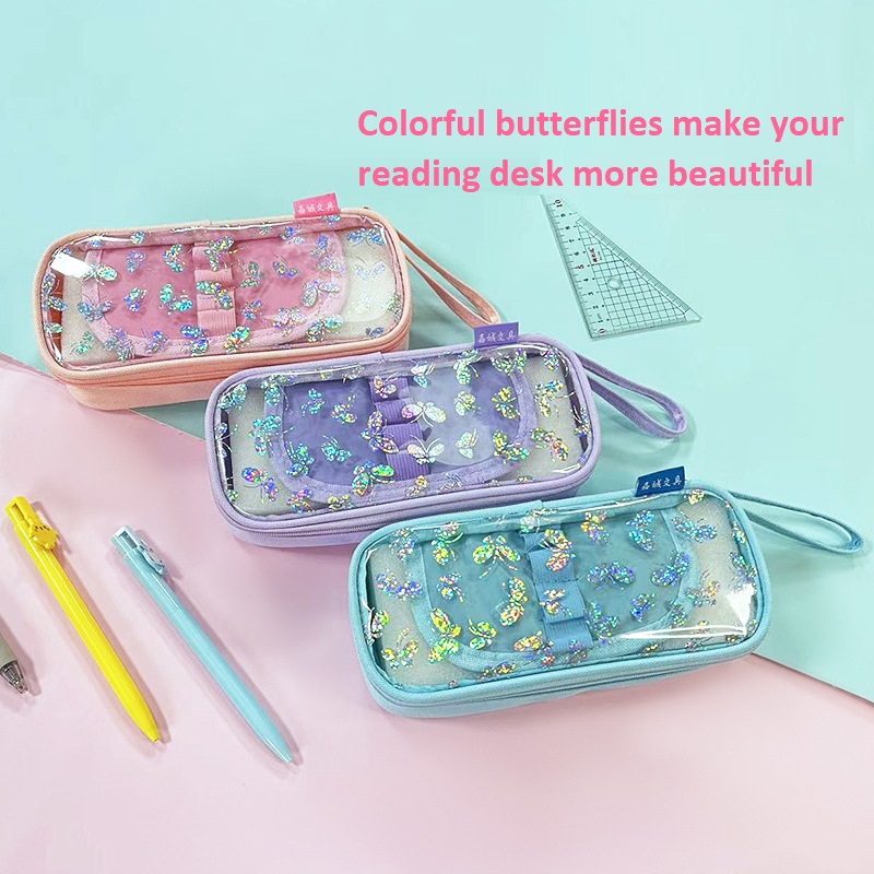 Transparent Butterfly Printing Girl Stationery Box | Multi-functional ...